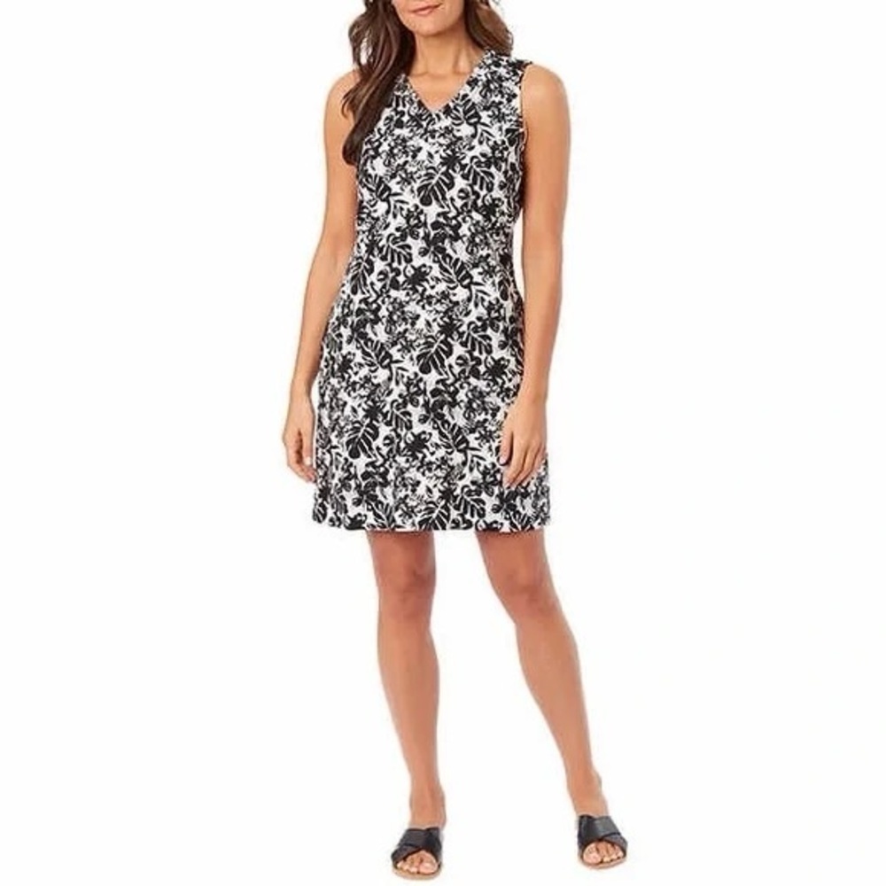 BRIGGS‎ Black and white tropical print Linen blend shift dress size L.